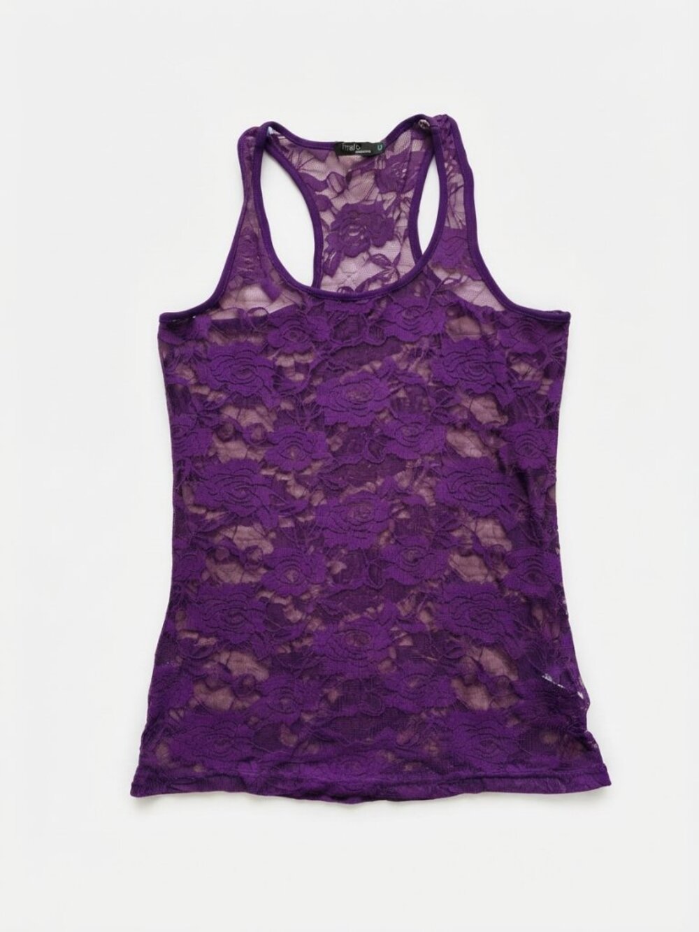 PRATI COLLECTION - Y2K Sheer Purple Floral Lace Racerback Tank Top Medium